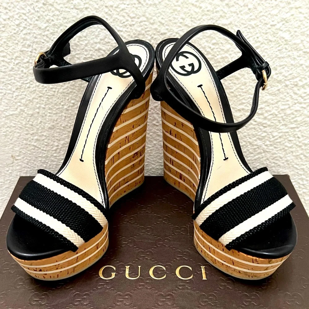 Gucci Black and Cream Wedge Sandals with Ankle Strap